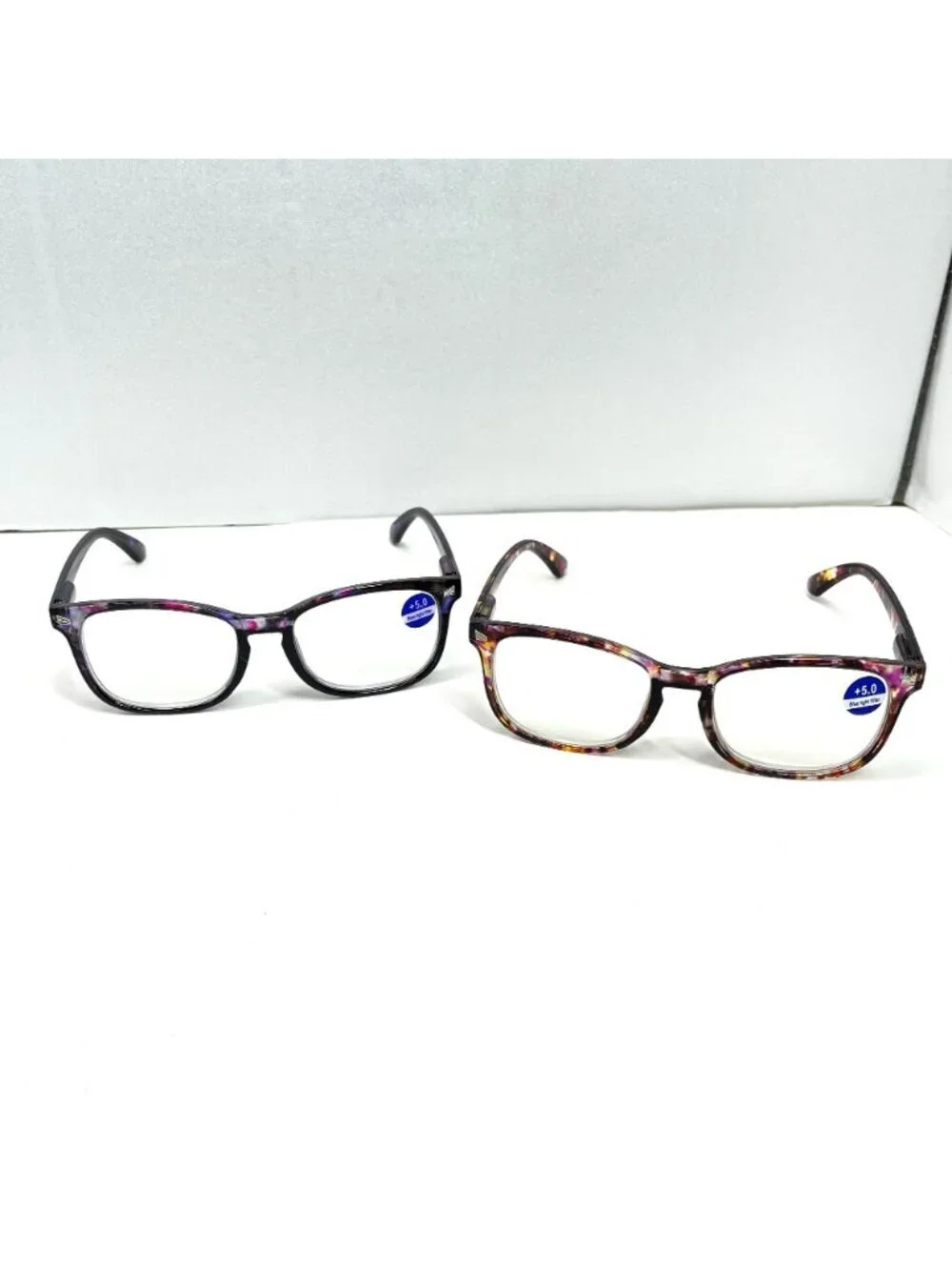 Set Of 2 Reading Glasses +5.0 Blue Light Filter Square Frame Floral & Tortoise